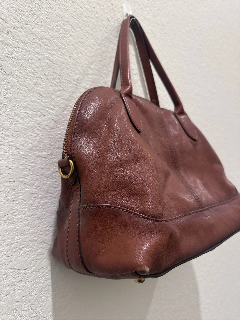 Frye Melissa Brown Leather Satchel Dome Handbag Cognac Ring Detail‎